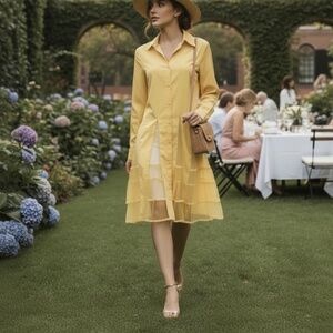#A037   FT INC  Resort  Yellow  Sheer  Midi Shirt  dress  NWT Size  M